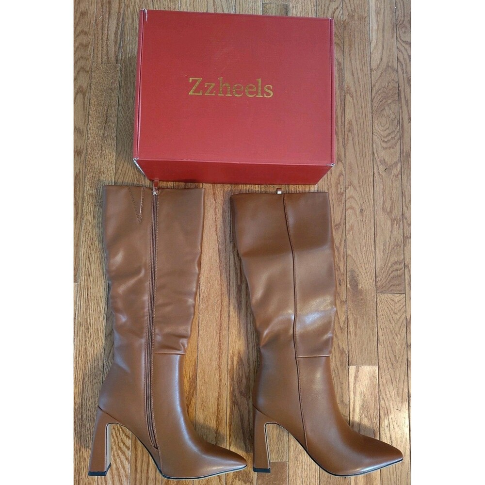 Zzheels Womens Knee High Boots Brown Matte Block Heel Side Zip Size 9.5 NIB